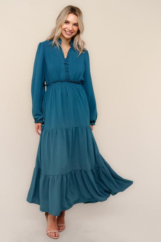 Teal Tiered Long Sleeve Maxi Dress