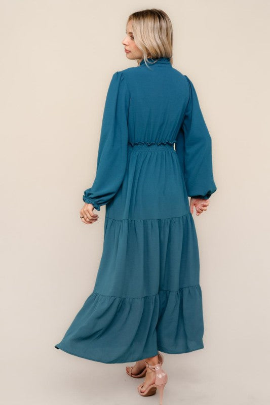 Teal Tiered Long Sleeve Maxi Dress