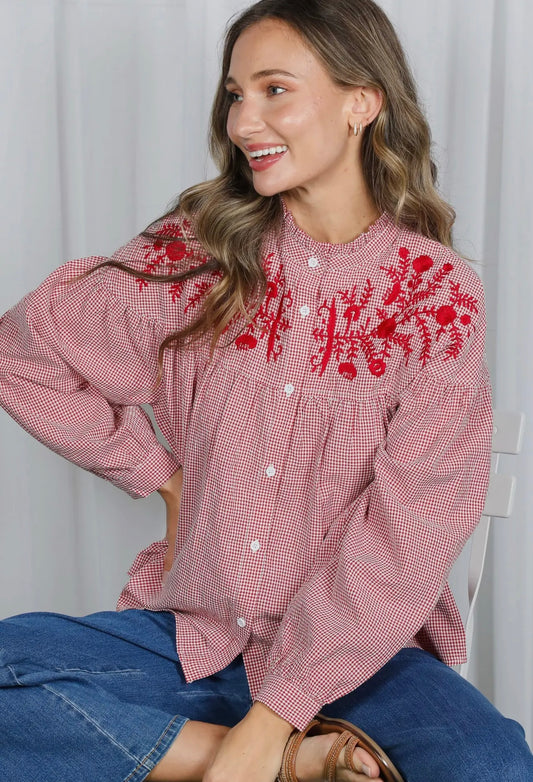 Red Gingham Embroidered Peasant Blouse