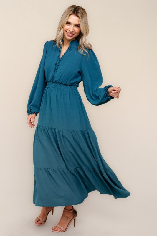 Teal Tiered Long Sleeve Maxi Dress