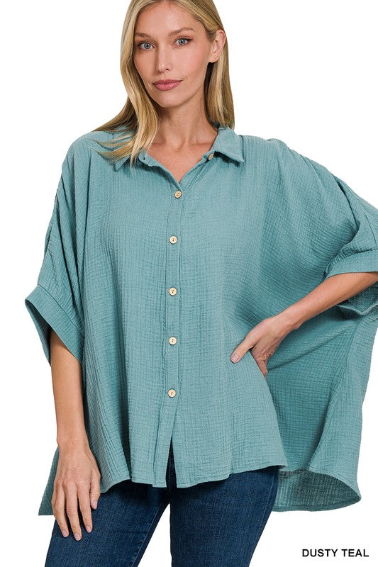 🌊 Dusty Teal Gauze Button-Down Kimono Top
