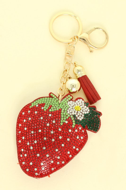 Floral Strawberry Rhinestone Bag Charm