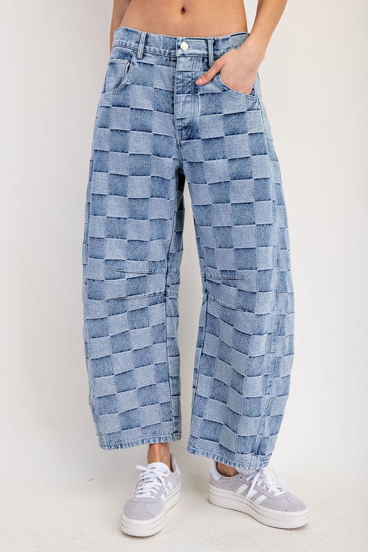 Check please barrel jeans